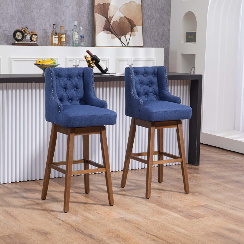 Bar Stools Set of 2 Counter Height Chairs with Footrest and 360 Degree Solid Wood Legs Linen Set of 2 Lark Manor Upholstery Black